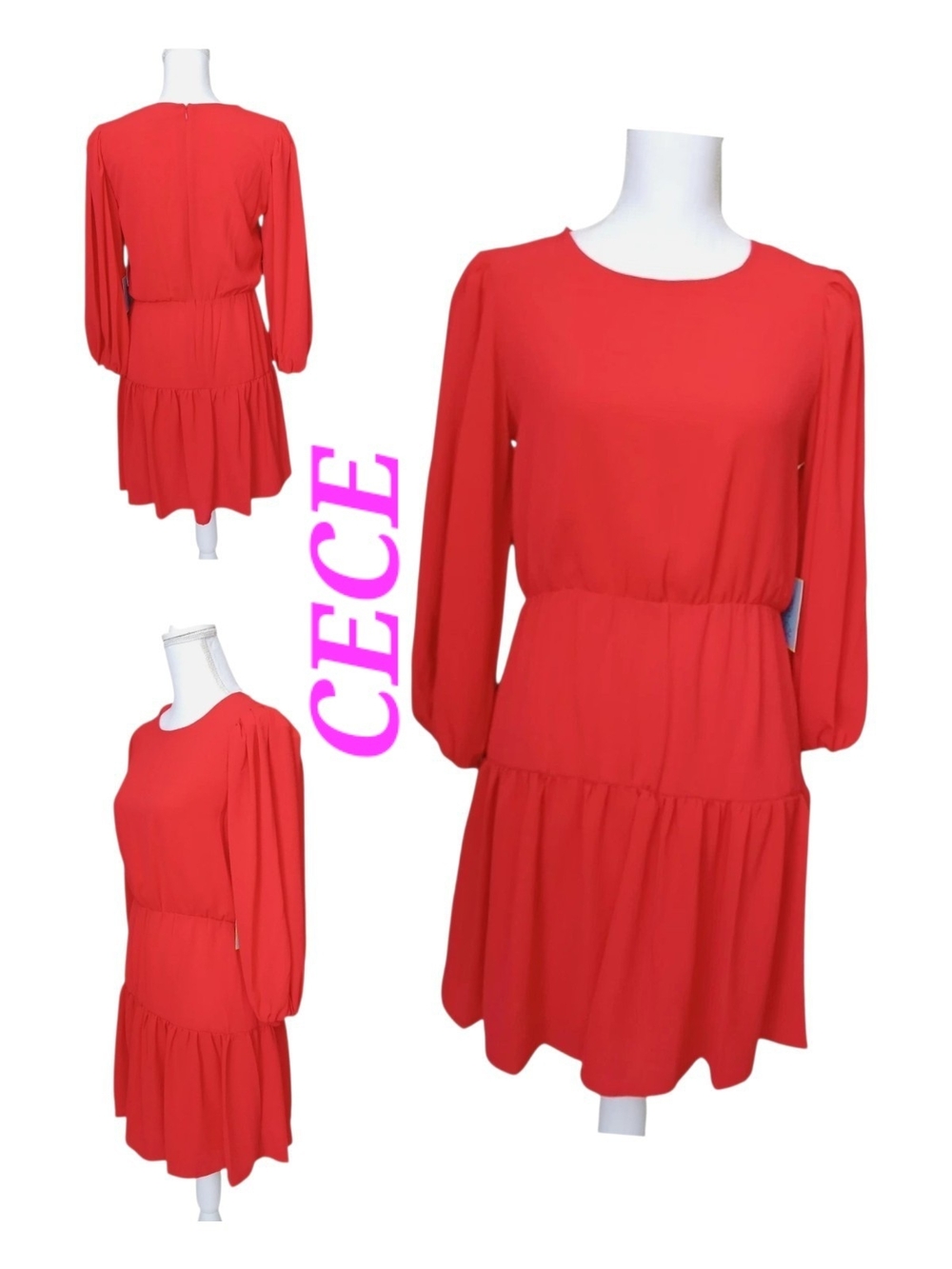 CECE Red Long-Sleeve Tiered Above-knee Dress